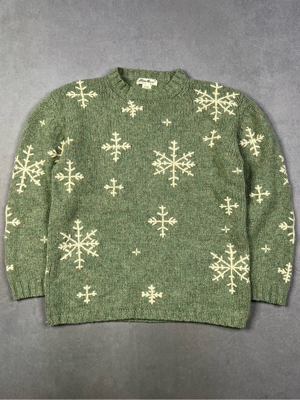 Eddie Bauer Wool Green Crewneck Sweater with Cream Snowflakes